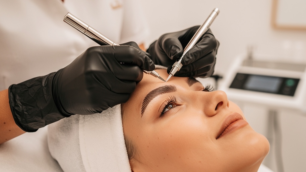 Professional permanent makeup eyebrow procedure in a luxury studio