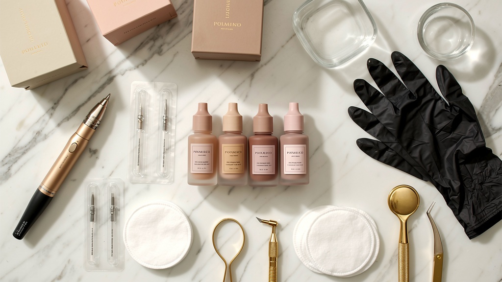 Professional PMU tools, pigments, and beauty accessories flat lay